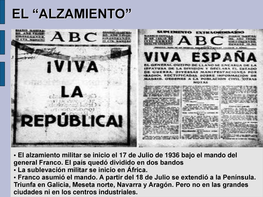 EL ALZAMIENTO El alzamiento militar se inicio el 17 de Julio de 1936 bajo el mando del general Franco. El país quedó dividido en dos bandos.