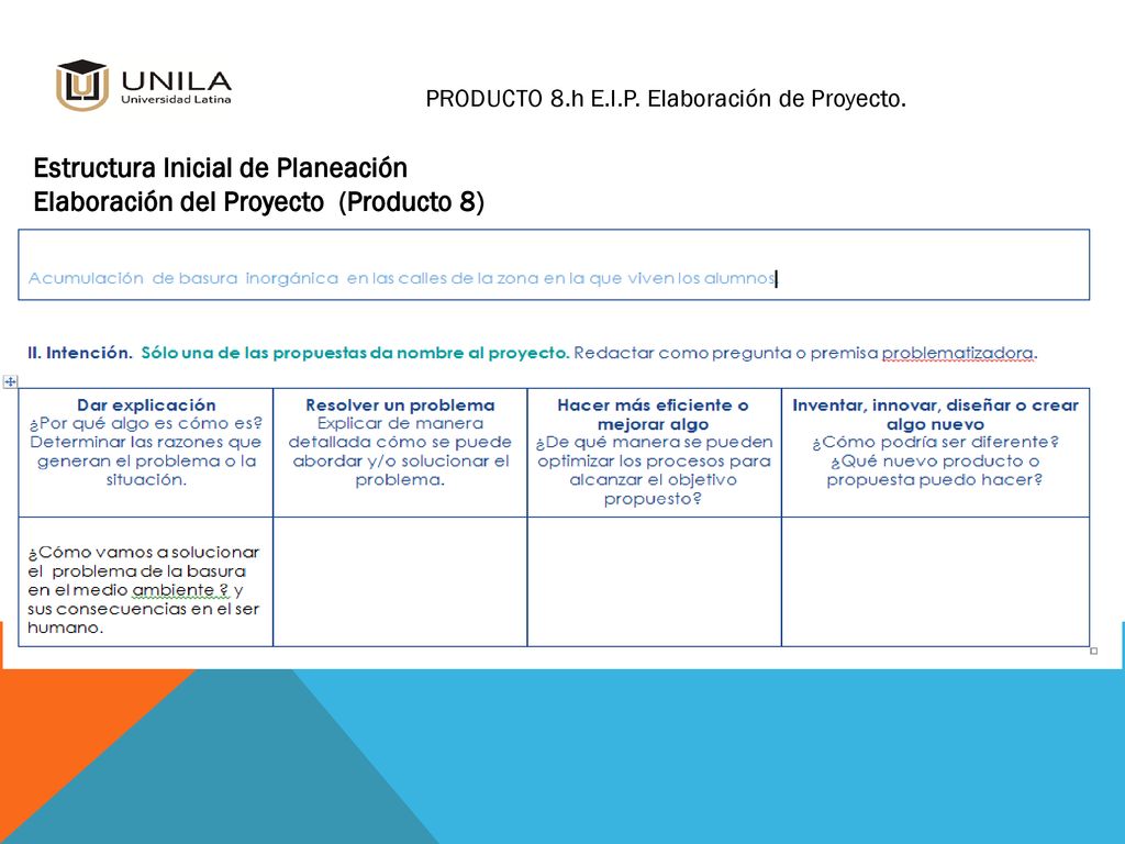 Estructura Inicial de Planeación Elaboración del Proyecto (Producto 8)