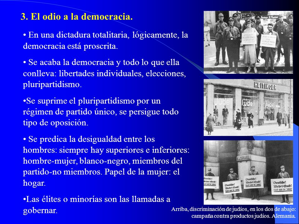 3. El odio a la democracia. En una dictadura totalitaria, lógicamente, la democracia está proscrita.