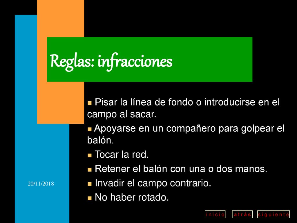 Reglas: infracciones Pisar la línea de fondo o introducirse en el campo al sacar. Apoyarse en un compañero para golpear el balón.
