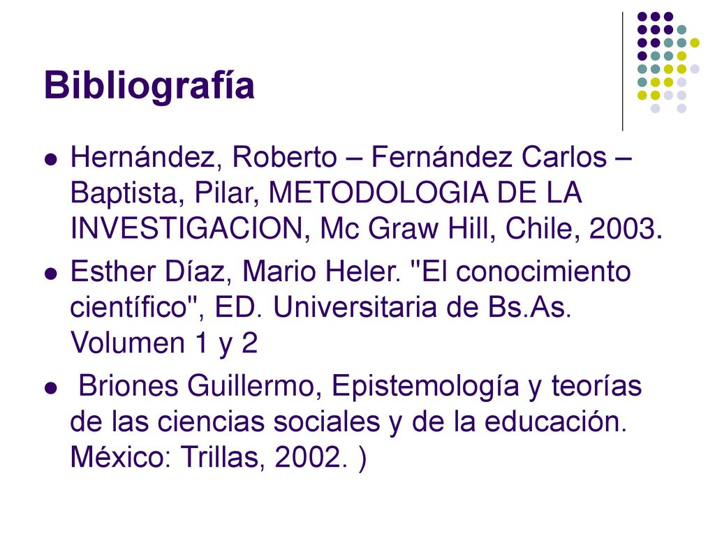 Bibliografía Hernández, Roberto – Fernández Carlos – Baptista, Pilar, METODOLOGIA DE LA INVESTIGACION, Mc Graw Hill, Chile,