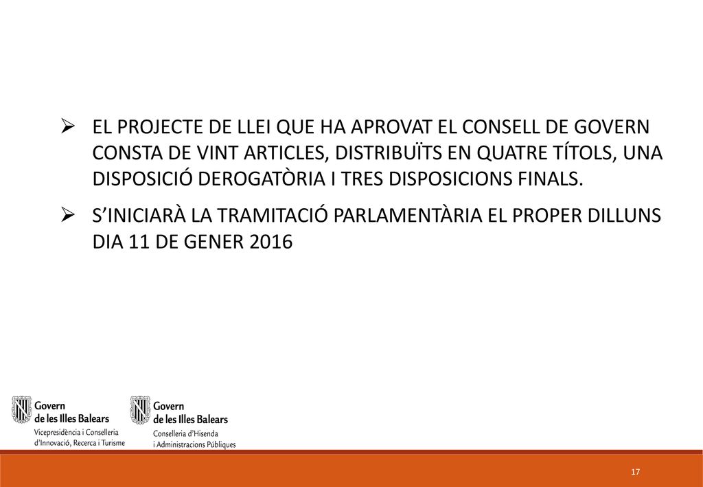 EL PROJECTE DE LLEI QUE HA APROVAT EL CONSELL DE GOVERN CONSTA DE VINT ARTICLES, DISTRIBUÏTS EN QUATRE TÍTOLS, UNA DISPOSICIÓ DEROGATÒRIA I TRES DISPOSICIONS FINALS.