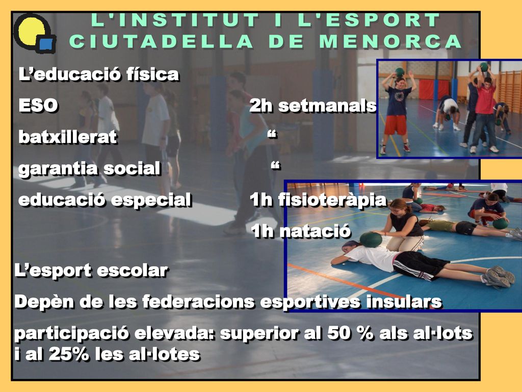 L INSTITUT I L ESPORT CIUTADELLA DE MENORCA. L’educació física. ESO 2h setmanals.