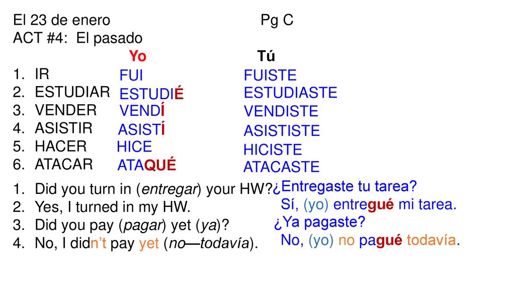 El 23 de enero Pg C ACT #4: El pasado. Yo Tú. IR. ESTUDIAR.