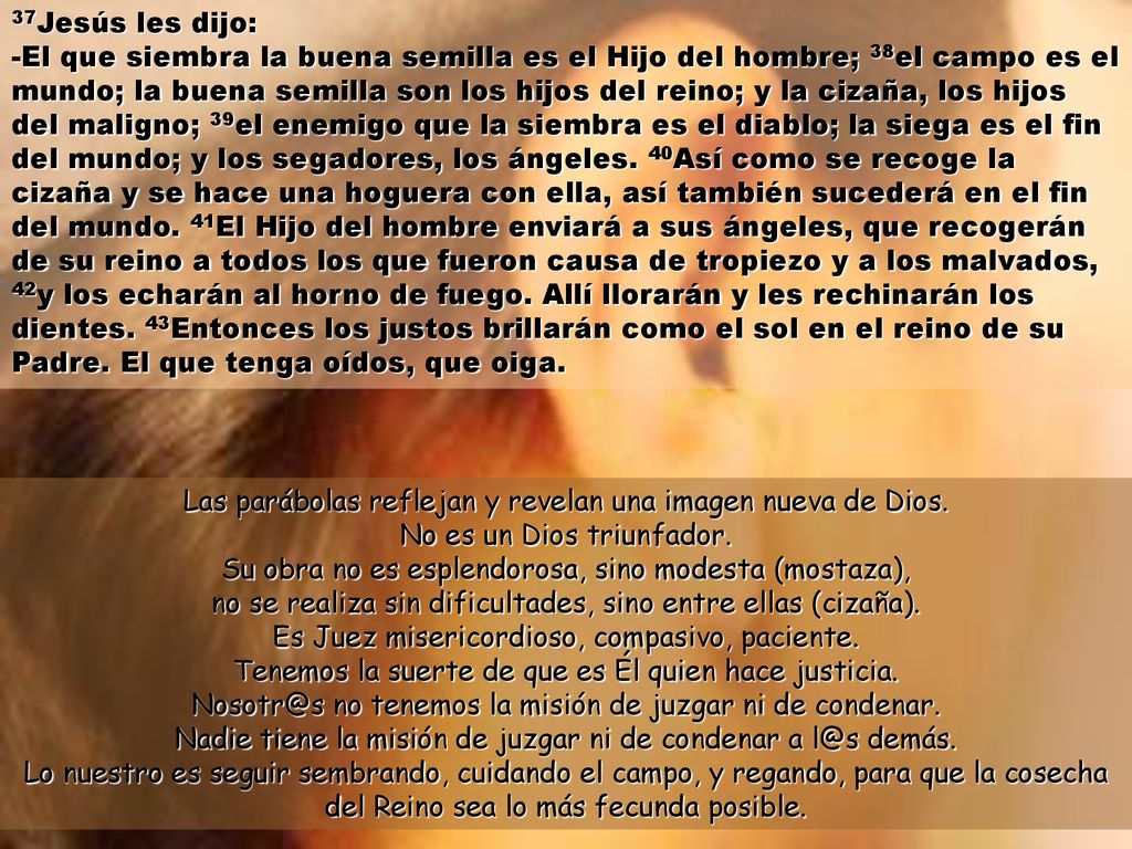 37Jesús les dijo: -El que siembra la buena semilla es el Hijo del hombre; 38el campo es el mundo; la buena semilla son los hijos del reino; y la cizaña, los hijos del maligno; 39el enemigo que la siembra es el diablo; la siega es el fin del mundo; y los segadores, los ángeles. 40Así como se recoge la cizaña y se hace una hoguera con ella, así también sucederá en el fin del mundo. 41El Hijo del hombre enviará a sus ángeles, que recogerán de su reino a todos los que fueron causa de tropiezo y a los malvados, 42y los echarán al horno de fuego. Allí llorarán y les rechinarán los dientes. 43Entonces los justos brillarán como el sol en el reino de su Padre. El que tenga oídos, que oiga.