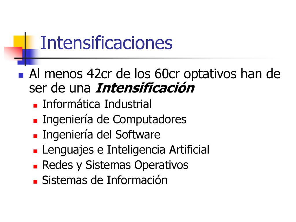 Intensificaciones Al menos 42cr de los 60cr optativos han de ser de una Intensificación. Informática Industrial.