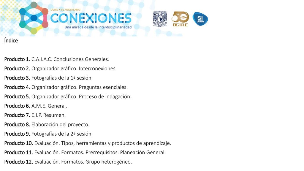 Índice Producto 1. C. A. I. A. C. Conclusiones Generales. Producto 2
