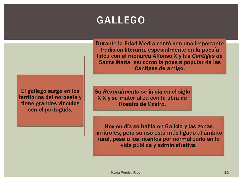 gallego El gallego surge en los territorios del noroeste y tiene grandes vínculos con el portugués.