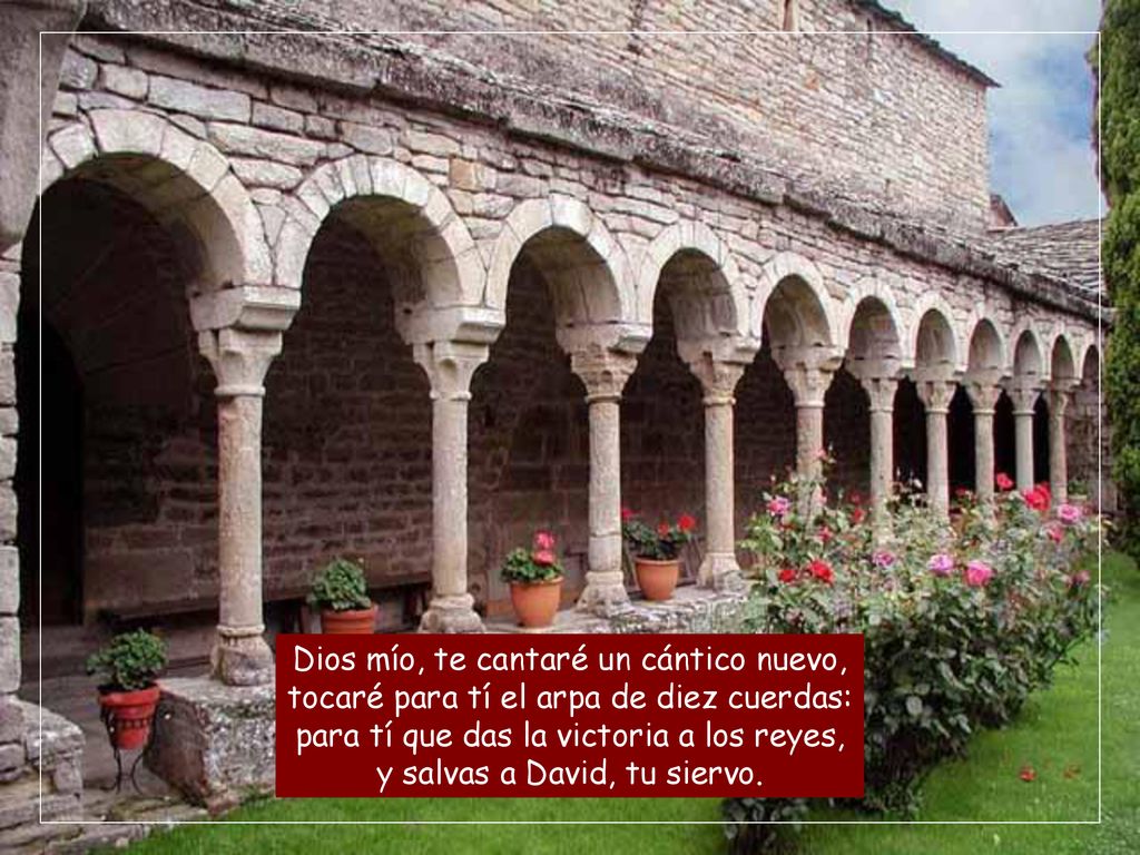 Dios mío, te cantaré un cántico nuevo, tocaré para tí el arpa de diez cuerdas: para tí que das la victoria a los reyes, y salvas a David, tu siervo.