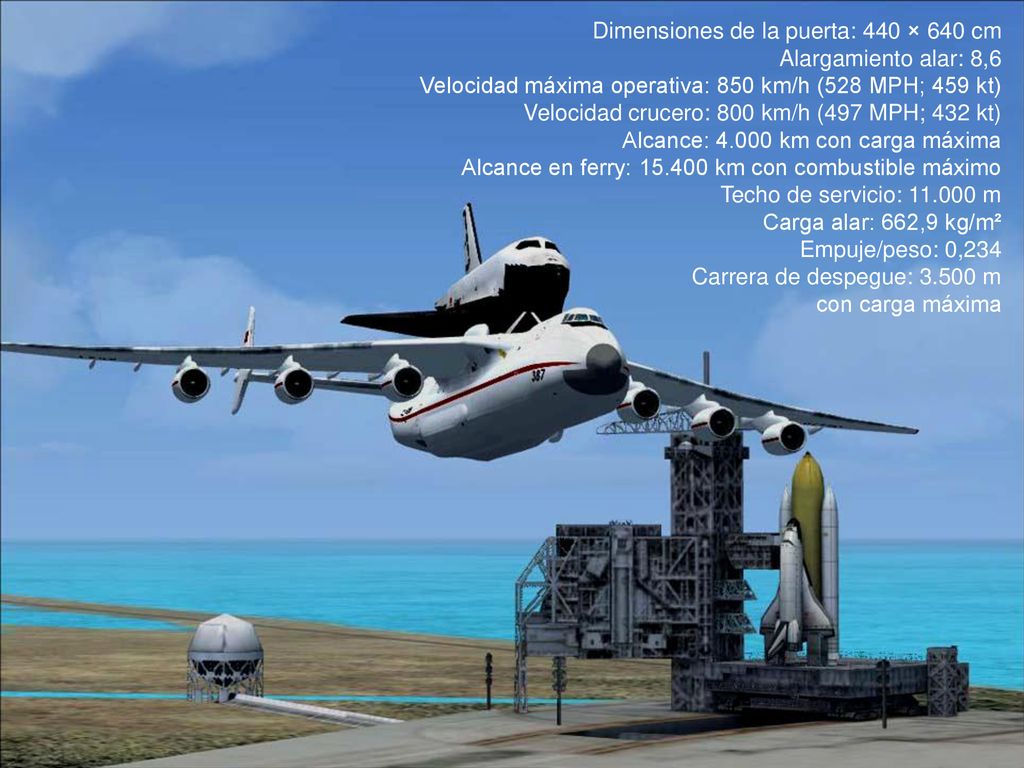Dimensiones de la puerta: 440 × 640 cm Alargamiento alar: 8,6 Velocidad máxima operativa: 850 km/h (528 MPH; 459 kt) Velocidad crucero: 800 km/h (497 MPH; 432 kt) Alcance: km con carga máxima Alcance en ferry: km con combustible máximo Techo de servicio: m Carga alar: 662,9 kg/m² Empuje/peso: 0,234 Carrera de despegue: m con carga máxima