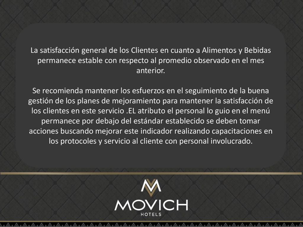 La satisfacción general de los Clientes en cuanto a Alimentos y Bebidas permanece estable con respecto al promedio observado en el mes anterior.