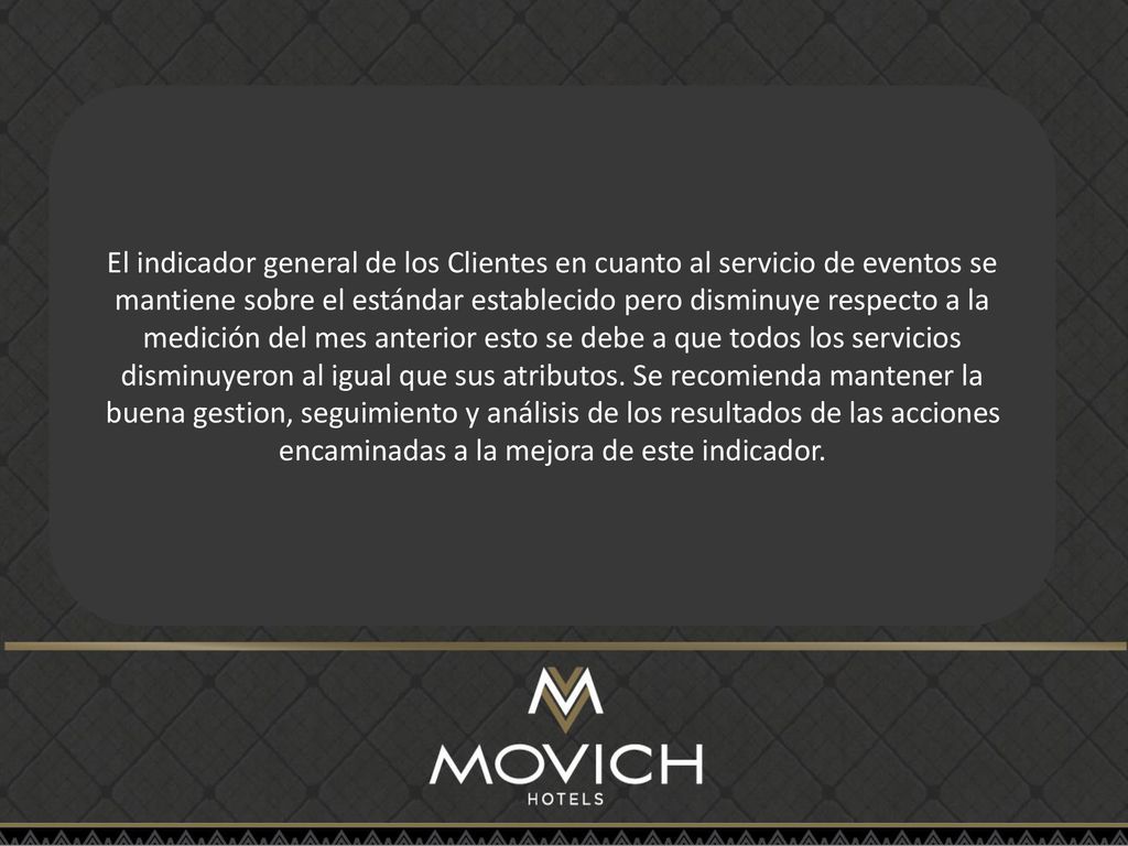 El indicador general de los Clientes en cuanto al servicio de eventos se mantiene sobre el estándar establecido pero disminuye respecto a la medición del mes anterior esto se debe a que todos los servicios disminuyeron al igual que sus atributos.