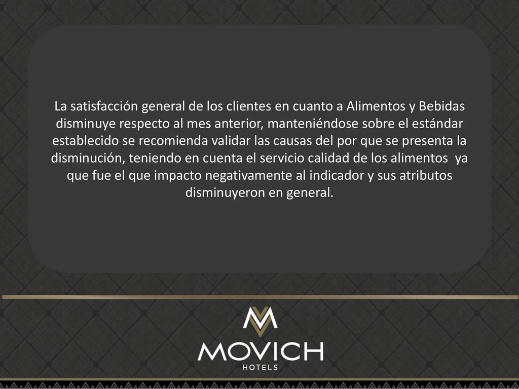La satisfacción general de los clientes en cuanto a Alimentos y Bebidas disminuye respecto al mes anterior, manteniéndose sobre el estándar establecido se recomienda validar las causas del por que se presenta la disminución, teniendo en cuenta el servicio calidad de los alimentos ya que fue el que impacto negativamente al indicador y sus atributos disminuyeron en general.