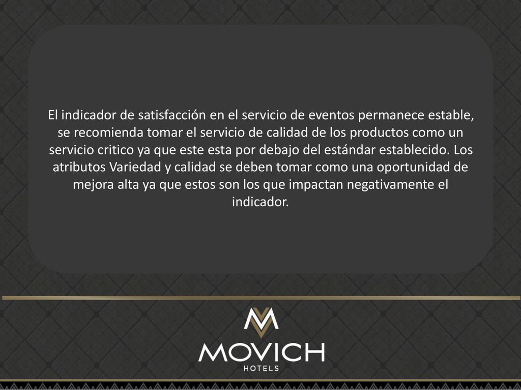 El indicador de satisfacción en el servicio de eventos permanece estable, se recomienda tomar el servicio de calidad de los productos como un servicio critico ya que este esta por debajo del estándar establecido.