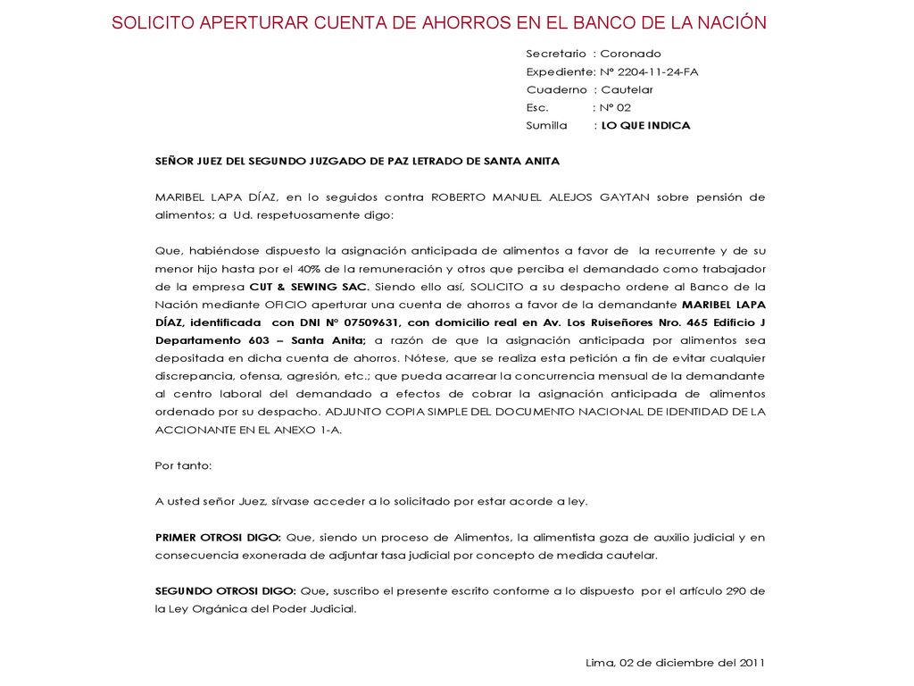 SOLICITO APERTURAR CUENTA DE AHORROS EN EL BANCO DE LA NACIÓN