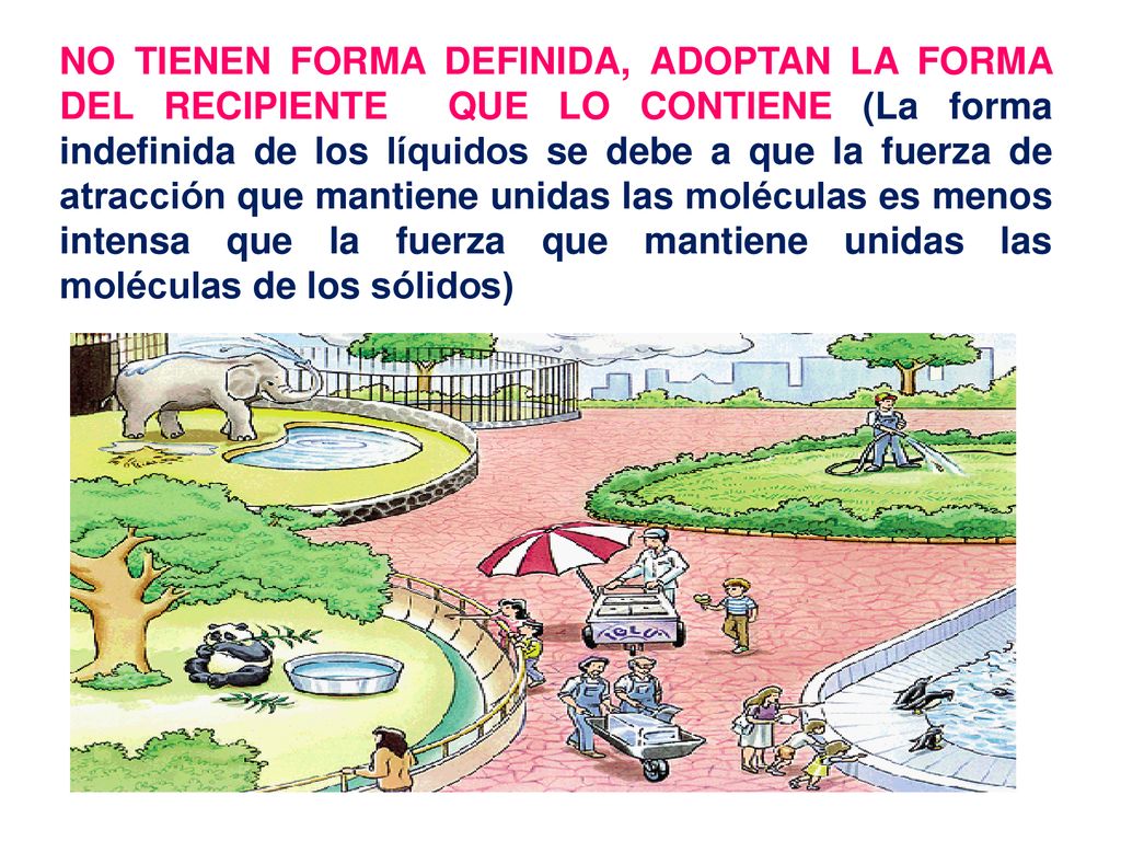 NO TIENEN FORMA DEFINIDA, ADOPTAN LA FORMA DEL RECIPIENTE QUE LO CONTIENE (La forma indefinida de los líquidos se debe a que la fuerza de atracción que mantiene unidas las moléculas es menos intensa que la fuerza que mantiene unidas las moléculas de los sólidos)