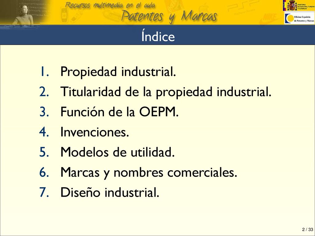 Índice Propiedad industrial. Titularidad de la propiedad industrial. Función de la OEPM. Invenciones.
