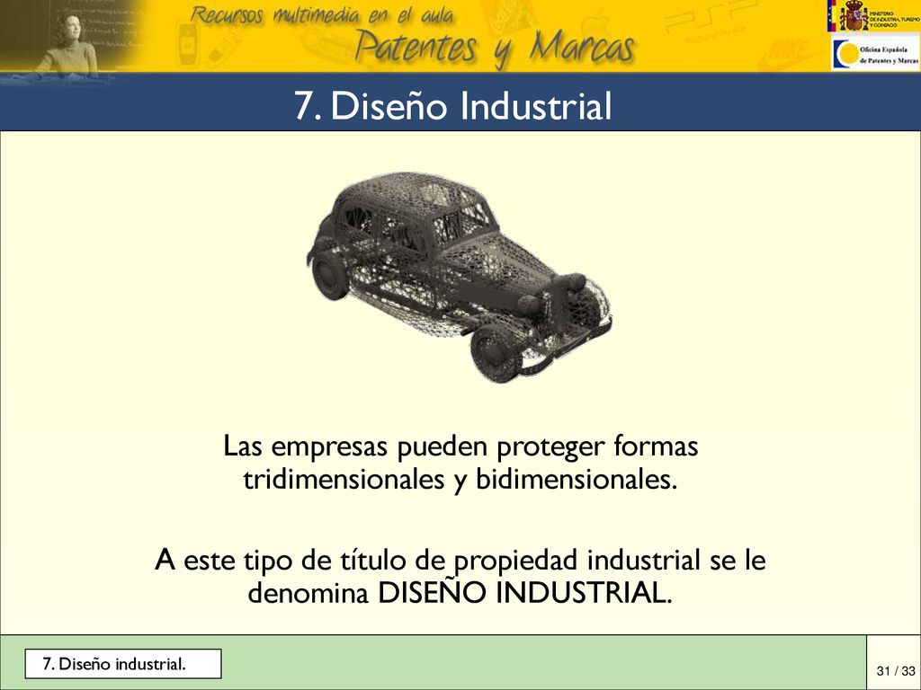 7. Diseño Industrial Las empresas pueden proteger formas tridimensionales y bidimensionales.