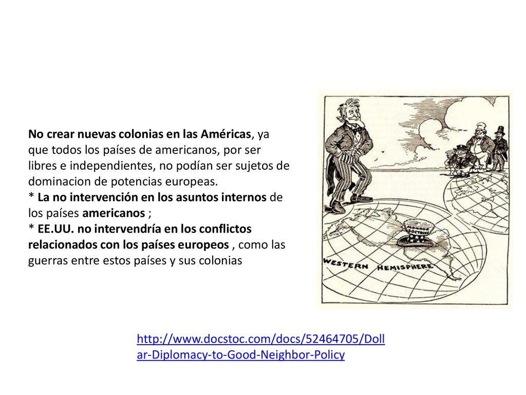 No crear nuevas colonias en las Américas, ya que todos los países de americanos, por ser libres e independientes, no podían ser sujetos de dominacion de potencias europeas. * La no intervención en los asuntos internos de los países americanos ; * EE.UU. no intervendría en los conflictos relacionados con los países europeos , como las guerras entre estos países y sus colonias
