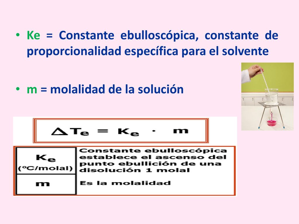 Ke = Constante ebulloscópica, constante de proporcionalidad específica para el solvente