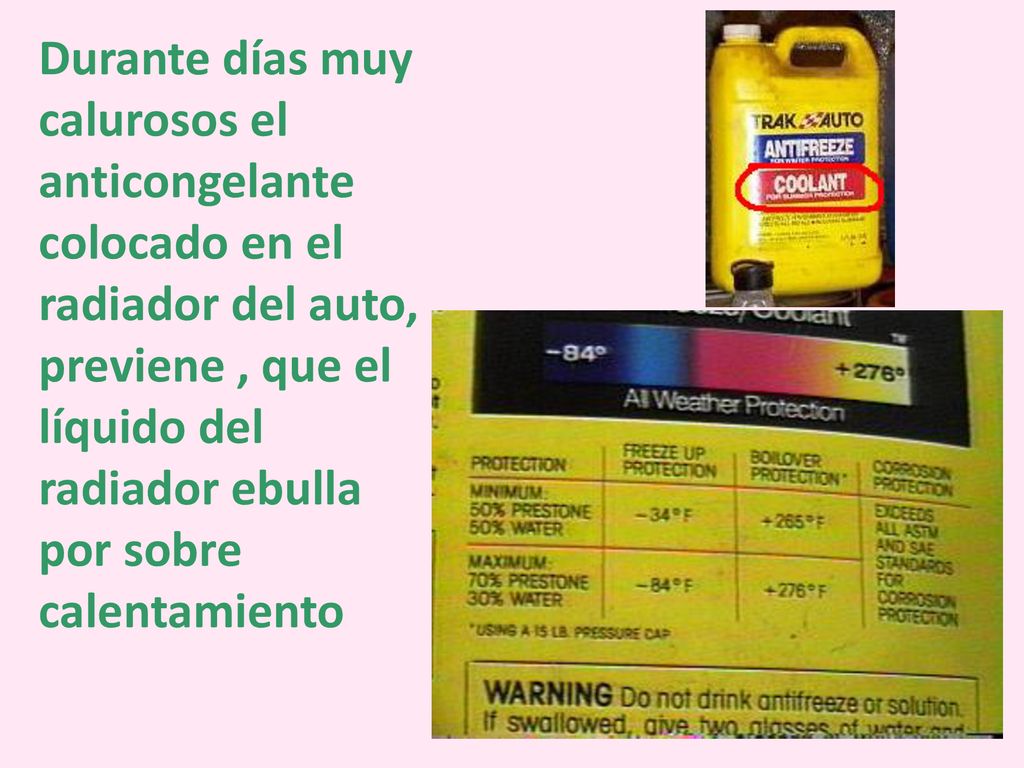 Durante días muy calurosos el anticongelante colocado en el radiador del auto, previene , que el líquido del radiador ebulla por sobre calentamiento