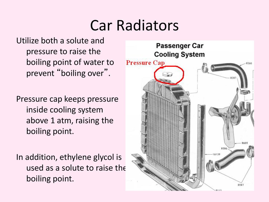 Car Radiators Utilize both a solute and pressure to raise the boiling point of water to prevent boiling over .
