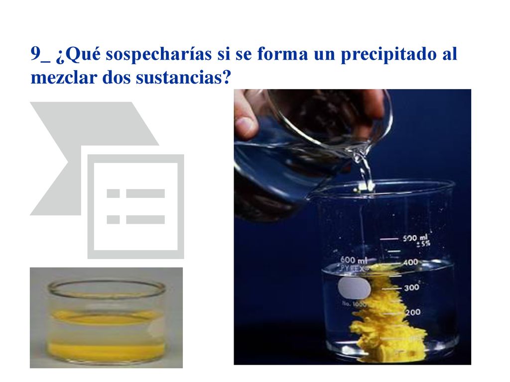 9_ ¿Qué sospecharías si se forma un precipitado al mezclar dos sustancias