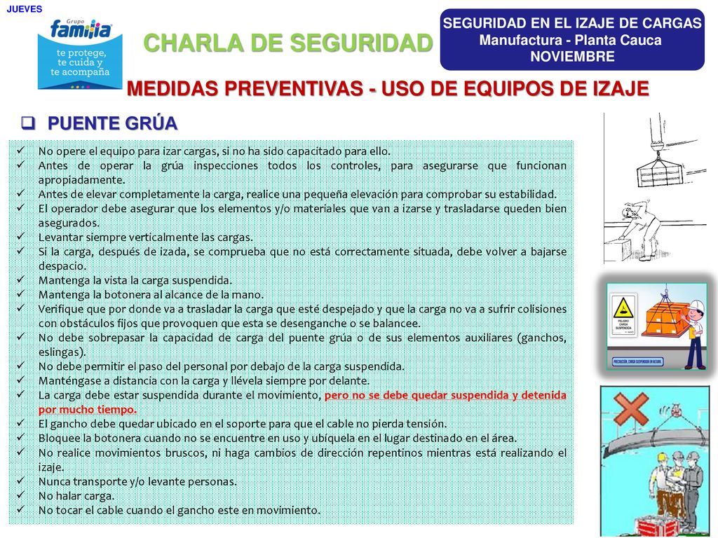 CHARLA DE SEGURIDAD MEDIDAS PREVENTIVAS - USO DE EQUIPOS DE IZAJE