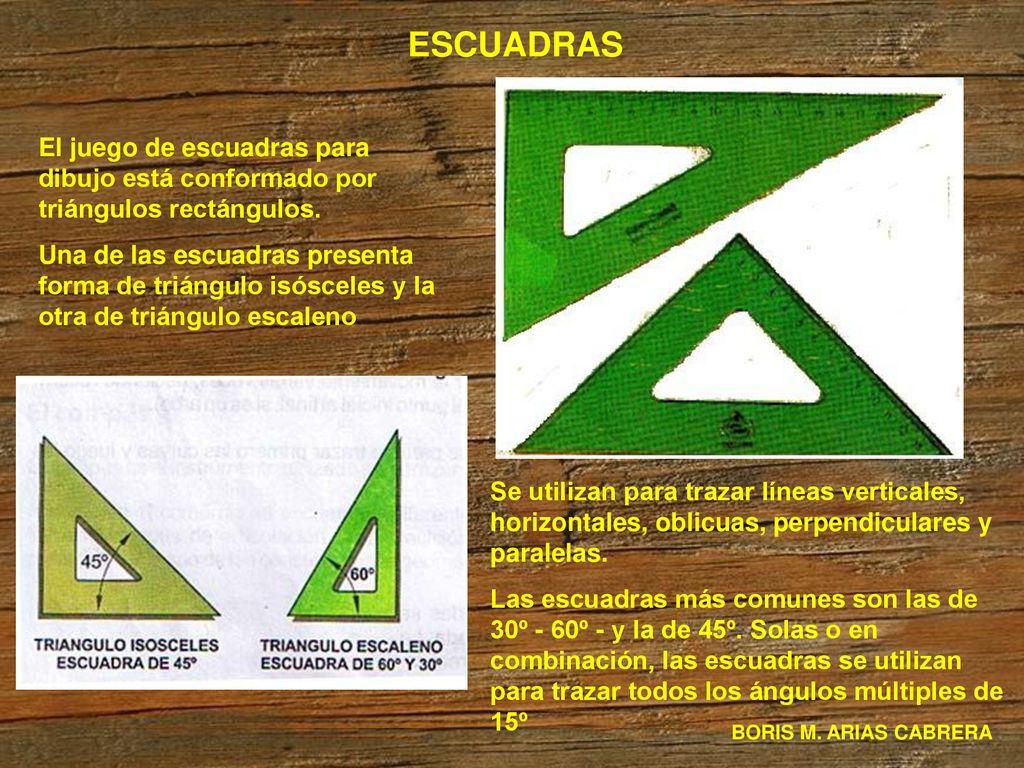 ESCUADRAS El juego de escuadras para dibujo está conformado por triángulos rectángulos.