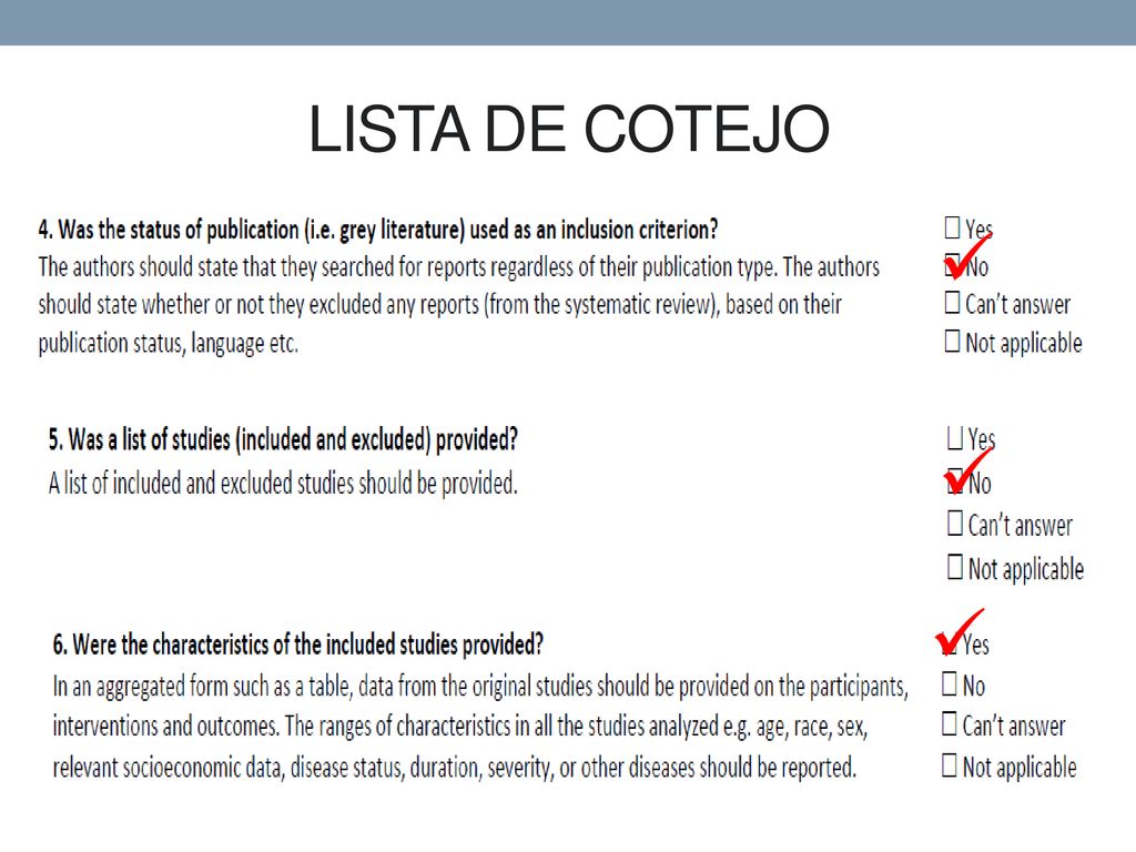 LISTA DE COTEJO 4. El edo de la publicación fue utilizado como un criterio de inclusión.