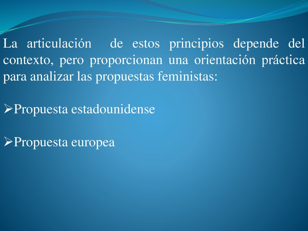 La articulación de estos principios depende del contexto, pero proporcionan una orientación práctica para analizar las propuestas feministas: