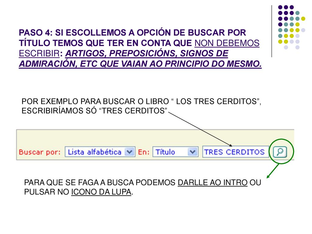 PASO 4: SI ESCOLLEMOS A OPCIÓN DE BUSCAR POR TÍTULO TEMOS QUE TER EN CONTA QUE NON DEBEMOS ESCRIBIR: ARTIGOS, PREPOSICIÓNS, SIGNOS DE ADMIRACIÓN, ETC QUE VAIAN AO PRINCIPIO DO MESMO.