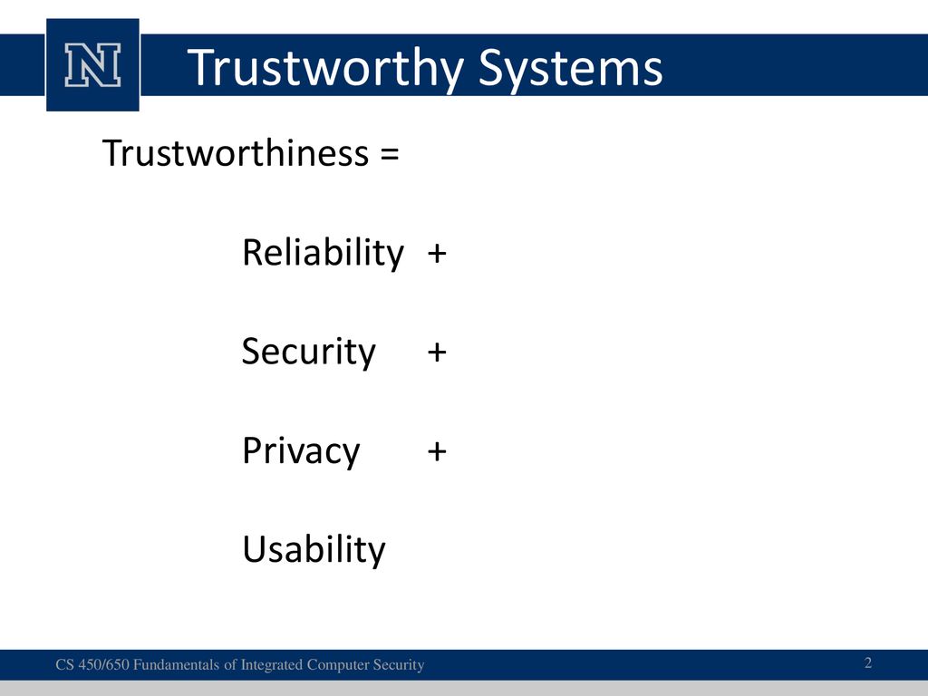 Trustworthy Systems Trustworthiness = Reliability + Security + Privacy + Usability