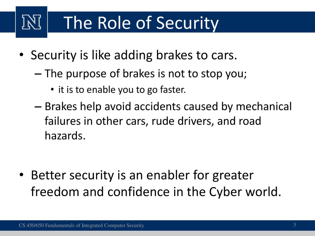 The Role of Security Security is like adding brakes to cars.
