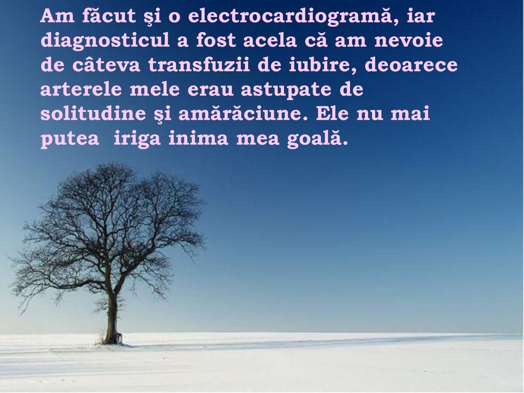 Am făcut şi o electrocardiogramă, iar diagnosticul a fost acela că am nevoie de câteva transfuzii de iubire, deoarece arterele mele erau astupate de solitudine şi amărăciune. Ele nu mai putea iriga inima mea goală.
