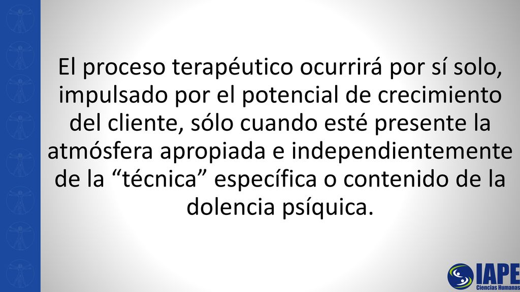 El proceso terapéutico ocurrirá por sí solo, impulsado por el potencial de crecimiento del cliente, sólo cuando esté presente la atmósfera apropiada e independientemente de la técnica específica o contenido de la dolencia psíquica.