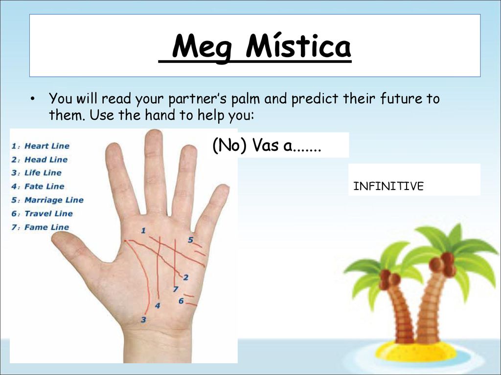 Meg Mística You will read your partner’s palm and predict their future to them. Use the hand to help you: