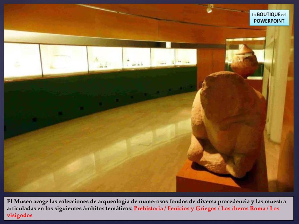 El Museo acoge las colecciones de arqueología de numerosos fondos de diversa procedencia y las muestra articuladas en los siguientes ámbitos temáticos: Prehistoria / Fenicios y Griegos / Los íberos Roma / Los visigodos