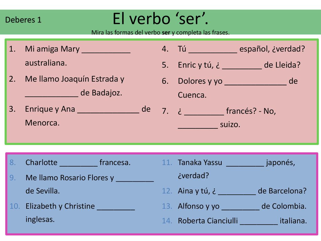 El verbo ‘ser’. Mira las formas del verbo ser y completa las frases.