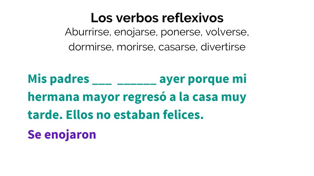 Los verbos reflexivos Aburrirse, enojarse, ponerse, volverse, dormirse, morirse, casarse, divertirse.