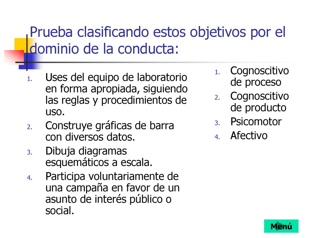 Prueba clasificando estos objetivos por el dominio de la conducta: