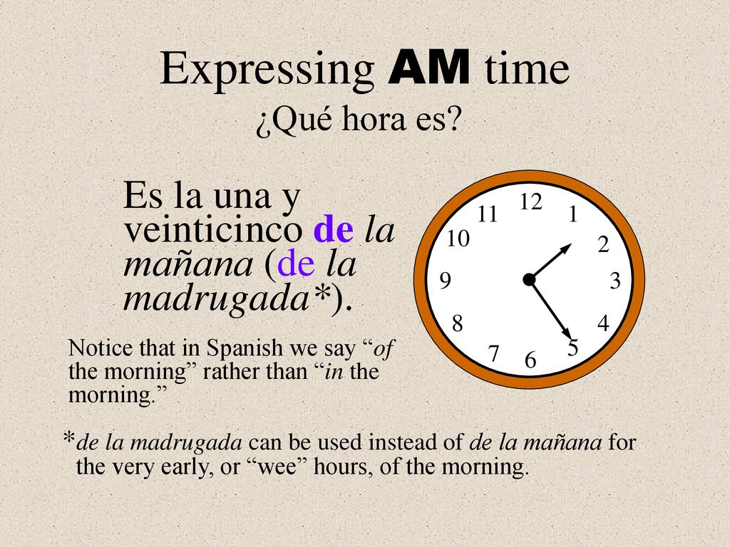 Expressing AM time ¿Qué hora es Es la una y veinticinco de la mañana (de la madrugada*).