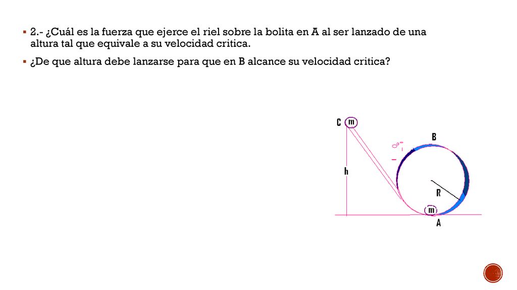 2.- ¿Cuál es la fuerza que ejerce el riel sobre la bolita en A al ser lanzado de una altura tal que equivale a su velocidad critica.