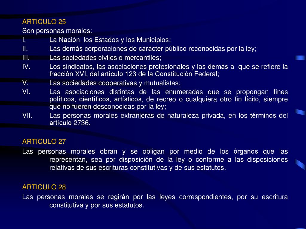 ARTICULO 25 Son personas morales: La Nación, los Estados y los Municipios; Las demás corporaciones de carácter público reconocidas por la ley;