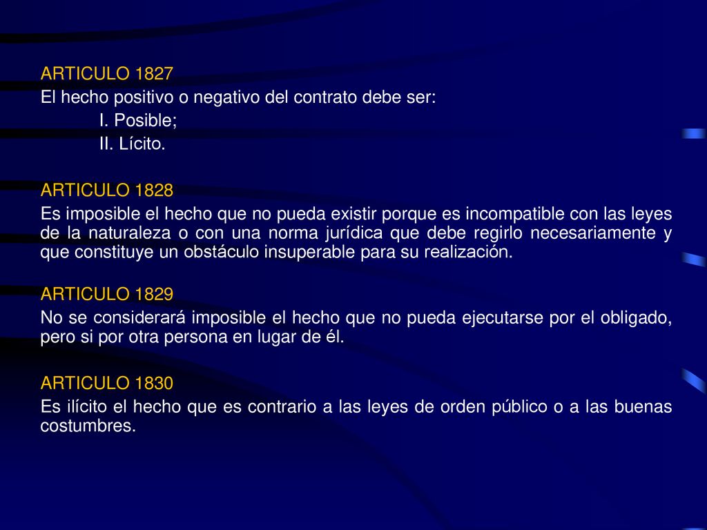 ARTICULO 1827 El hecho positivo o negativo del contrato debe ser: I. Posible; II. Lícito. ARTICULO