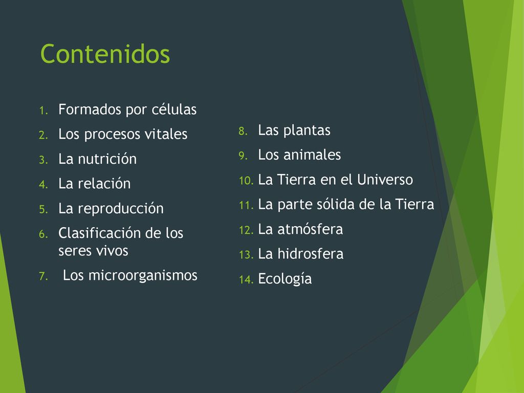 Contenidos Formados por células Los procesos vitales La nutrición