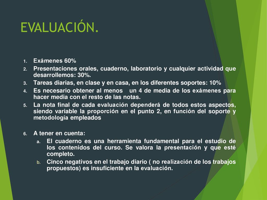 EVALUACIÓN. Exámenes 60% Presentaciones orales, cuaderno, laboratorio y cualquier actividad que desarrollemos: 30%.