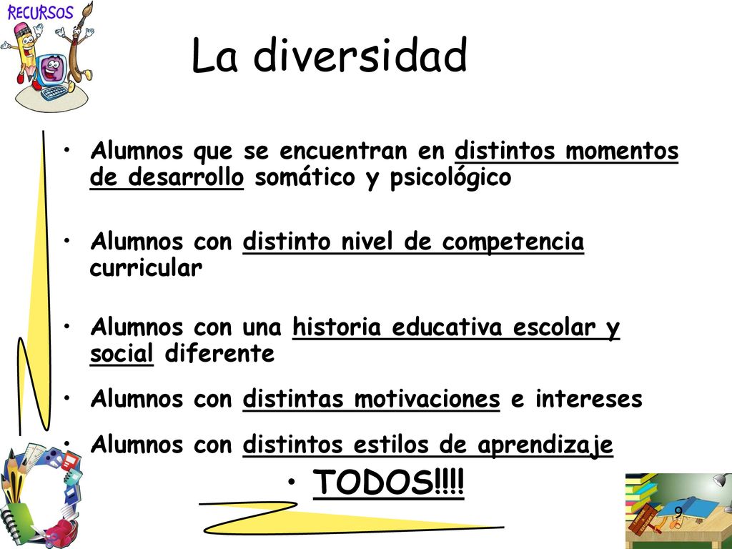La diversidad Alumnos que se encuentran en distintos momentos de desarrollo somático y psicológico.