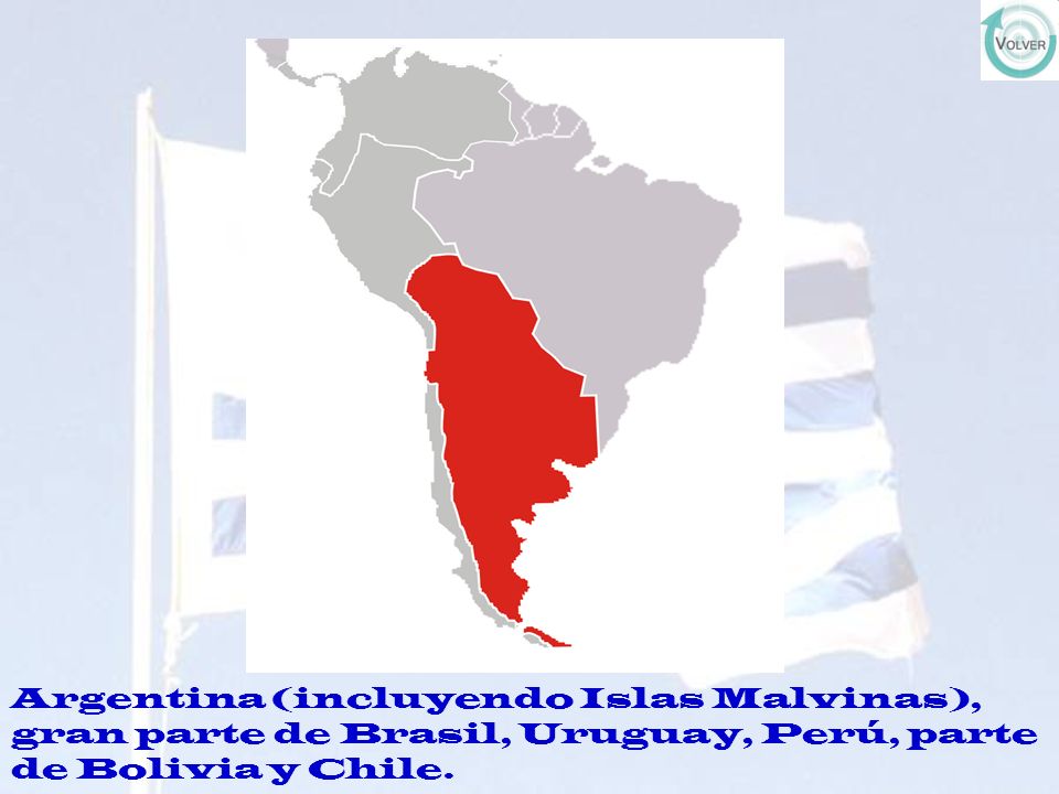 Argentina (incluyendo Islas Malvinas), gran parte de Brasil, Uruguay, Perú, parte de Bolivia y Chile.