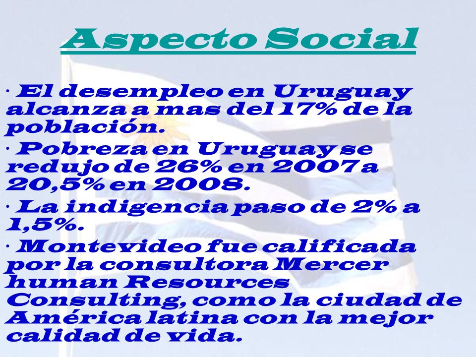Aspecto Social · El desempleo en Uruguay alcanza a mas del 17% de la población. · Pobreza en Uruguay se redujo de 26% en 2007 a 20,5% en
